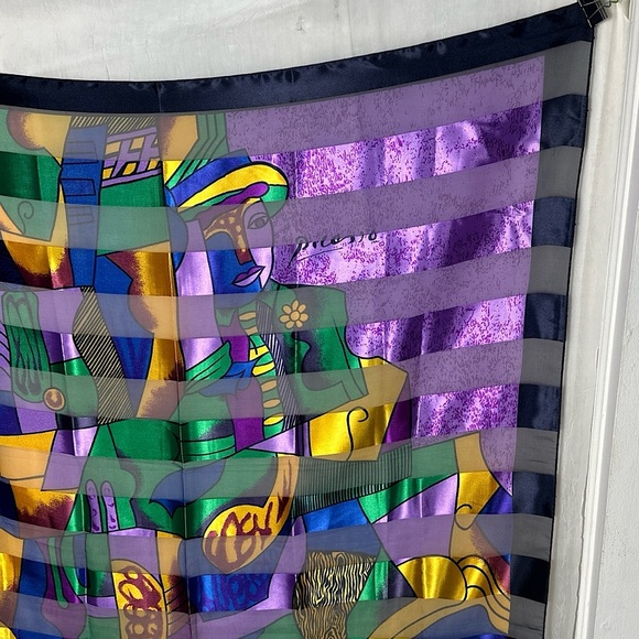 Vintage Picasso Multi Colored Cubist Abstract Artsy Silk Scarf Wrap Tapestry - Picture 7 of 14